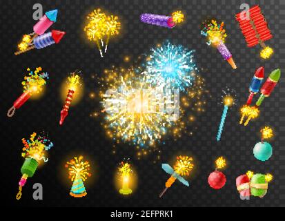Festive pyrotechnic effects on dark background poster with bengal indian lights firecrackers rockets bombs colorful vector illustration Stock Vector