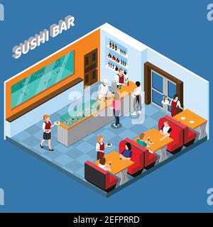 Sushi bar with staff and clients food and beverages interior elements on blue background isometric vector illustration Stock Vector