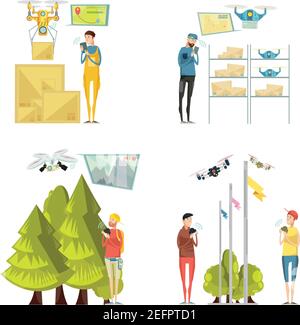 Using camera drones for talking photos and delivery 2x2 concept isolated on white background flat vector illustration Stock Vector