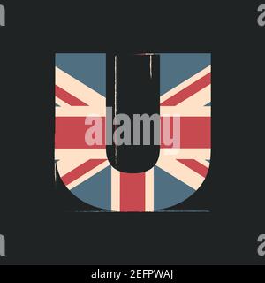 Capital 3d letter U with UK flag texture isolated on black background. Vector illustration. Element for design. Kids alphabet. Stock Vector