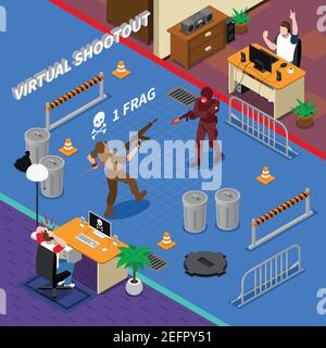 Cyber sport isometric composition including players near home computer and scene of virtual shooting 3d vector illustration Stock Vector