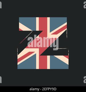 Capital 3d letter Z with UK flag texture isolated on black background. Vector illustration. Element for design. Kids alphabet. Stock Vector