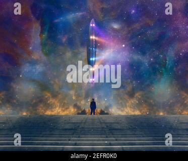 Man sees giant UFO in colorful sky with galaxy and nebula. 3D rendering. Stock Photo