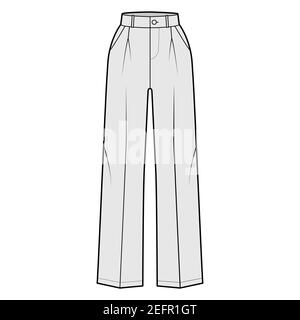 Pants tailored technical fashion illustration with extended normal waist, rise, full length, slant, flap pockets, single pleat, belt loops. Flat template front, grey color. Women men CAD mockup Stock Vector