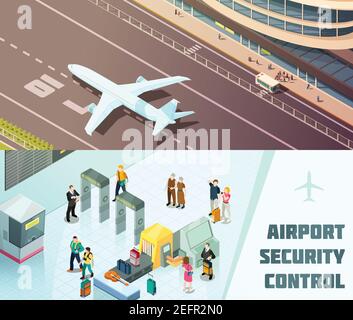 Isometric airport horizontal banners with security gates control and ...