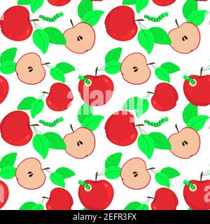 Seamless background with red apples and leaves. Vector repeating pattern with apples, whole and halves, leaves and caterpillars. Stock Vector