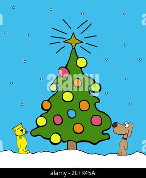 Dog and cat friends celebrate Christmas around a Christmas tree Stock Photo