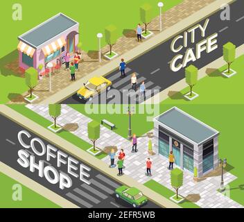 Set of two horizontal cafe isometric banners with urban scenery and small coffee shops with 3d text vector illustration Stock Vector