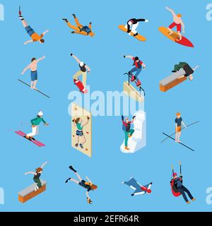 Extreme sports people isometric set with diving skateboarding paragliding skiing surfing on blue background isolated vector illustration Stock Vector