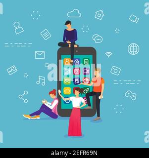 Vector flat design illustration of young people are standing near big smart phone and using own phones, on blue background Stock Vector