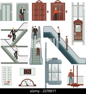 Elevator and stairs set with speed and floor symbols flat isolated vector illustration Stock Vector