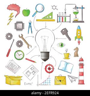 Modern color pencils style vector illustration, concept of big idea in the form of bulb lamp with different objects, for graphic and web design Stock Vector