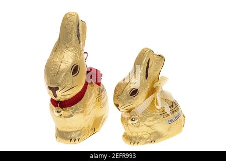 London, UK - February 15, 2021: Two Lindt Gold Easter Bunnies with their golden bells on a white background.  One is milk chocolate and the other is w Stock Photo