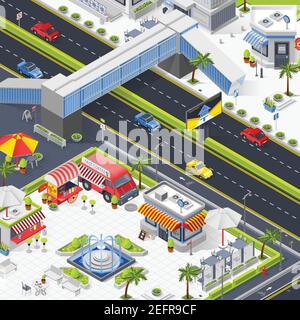 Street cafe in town square isometric composition with fountain outdoor tables fast food tents and trucks vector illustration Stock Vector