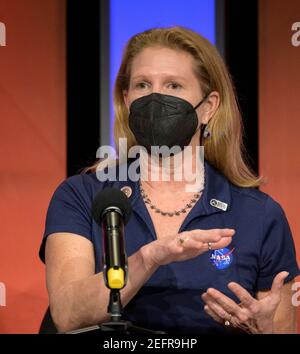 Pasadena, United States Of America. 16th Feb, 2021. NASA Perseverance deputy project manager, JPL, Jennifer Trosper, remarks during a NASA Perseverance rover mission engineering and technology overview, at the NASA Jet Propulsion Laboratory February 16, 2021 in Pasadena, California. The Perseverance Mars rover is due to land on Mars February 18 to search for signs of ancient microbial life. Credit: Planetpix/Alamy Live News Stock Photo