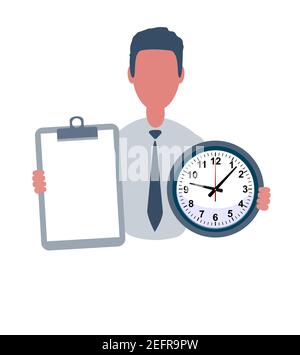 Businessman or clerk holding a blank paper and a clock. Male character in simple style with objects, flat vector illustration. Isolated on white Stock Vector