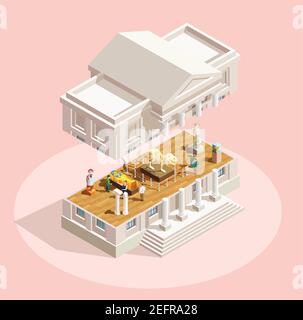 Museum icon isometric composition with museum building facade divided in section and exhibit items shown inside vector illustration Stock Vector
