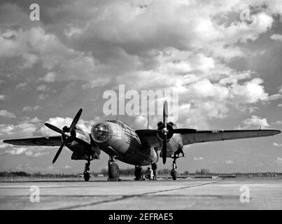A low-angle view of the XB-26H Marauder and its experimental 'bicycle' landing gear, 20 January 1947 Stock Photo