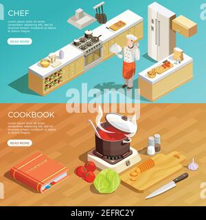 Set of horizontal cooking banners with isometric image compositions kitchen interior furniture with read more button vector illustration Stock Vector