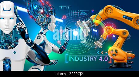 Robot or cyborg with artificial intelligence controls manipulator arms on factory or manufacture. industry 4.0. AI technology in industrial revolution Stock Vector