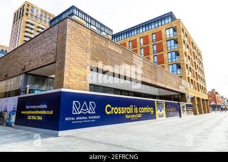 Crossrail is coming, first half of 2022 sign at the entrace of new Elizabth line, Woolwich, London, UK Stock Photo