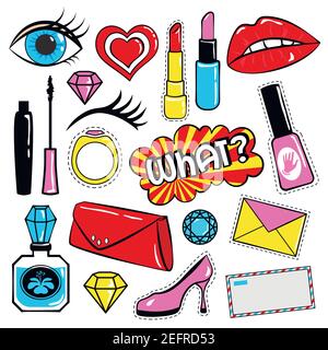 Collection of stickers and badges in 80s comic style, such as lips, heart, speech bubbles, cosmetics and other elements. Vector illustration isolated Stock Vector