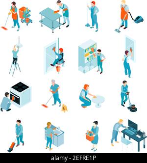 Cleaning service isometric set including workers during washing of windows, floors, wiping of furniture isolated vector illustration Stock Vector
