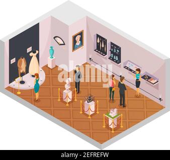 People in museum hall isometric composition with guide and visitors viewing historical fashion exhibition 3d vector illustration Stock Vector