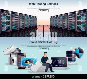 Two colored horizontal datacenter banner set with web hosting services cloud server hosting descriptions vector illustration Stock Vector
