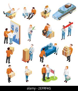 Moving people isometric collection of isolated human characters goods boxes and furniture for the new apartment vector illustration Stock Vector