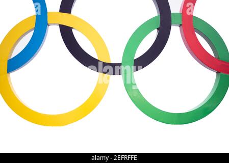 The five Olympic Rings on a white background for editorial use only ...