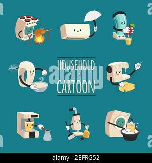 Household design concept with electrical appliances to aid housewife in cartoon style on blue background flat vector illustration Stock Vector