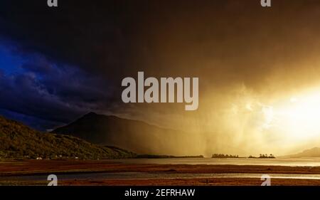 Wild evening storm light over Loch Linnhe in the Scottish Highlands near Fort William, Scotland Stock Photo