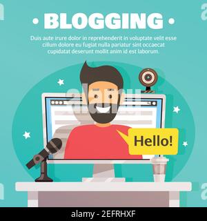 Blogger composition with flat images of desktop computer web camera and microphone with male character on screen vector illustration Stock Vector