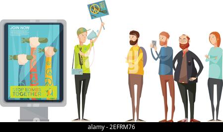 Anti war propaganda design concept with young man holding placard and watching and photographing cartoon characters flat  vector illustration Stock Vector