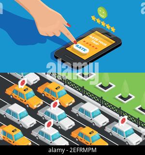 Mobile app taxi service isometric horizontal banners with smartphone icon and yellow taxi cars moving in city traffic vector illustration Stock Vector
