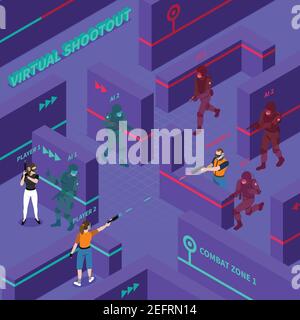 Virtual gun battles including players with electronic equipment computer soldiers barriers in combat zone isometric vector illustration Stock Vector