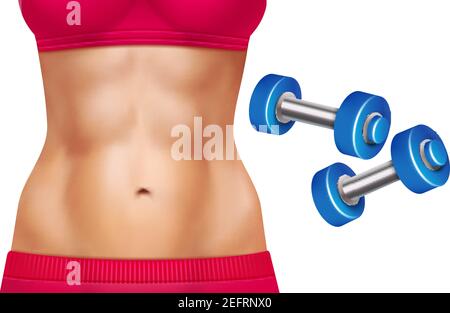 Beautiful woman abs and two dumbbells realistic set isolated on white background vector illustration Stock Vector