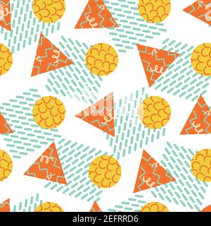 Memphis style geometric shapes vector abstract seamless pattern background. Waffle style squares, triangles, circles on white backdrop. Summer color Stock Vector