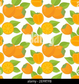 Seamless background with persimmon. Vector bright ripe persimmon fruits with leaves. Repeat the whole persimmon and halves, orange. Stock Vector
