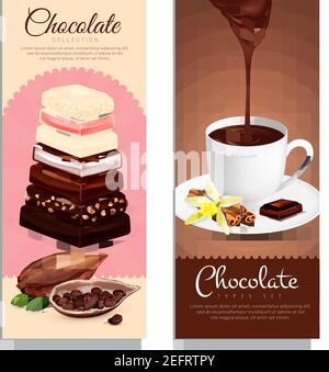 Chocolate collection vertical cartoon banners set with chocolate types symbols isolated vector illustration Stock Vector