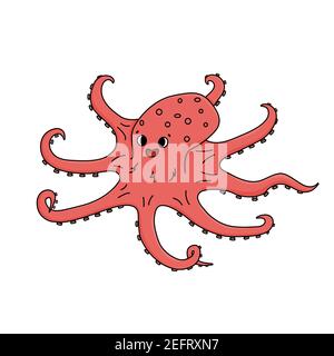 smiling Pink octopus. Vector outline isolated doodle sea or ocean animal isolated on white background Stock Vector