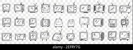 Old fashioned television set doodle set. Collection of hand drawn vintage retro styles television sets with antennas and buttons isolated on transparent background Stock Vector