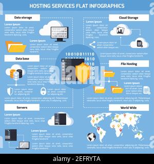 Hosting services infographic set with data and cloud storage symbols flat vector illustration Stock Vector