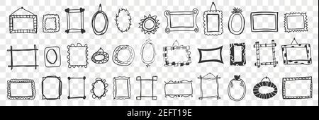 Mirrors and frames doodle set. Collection of hand drawn elegant stylish decoration frames for hanging mirrors pictures and decorating home interior isolated on transparent background Stock Vector