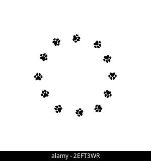 round frame with black cat trace. icon isolated on white. Vector flat illustration. White background with kitty paw footprint, footstep. Stock Vector