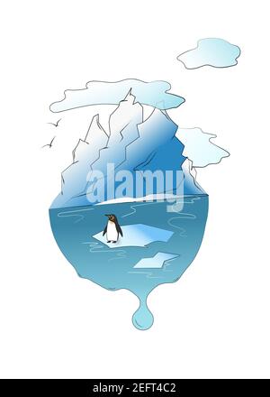 Penguin on an ice floe against the background of an iceberg. Ecological concept. Global warming. Stock Vector