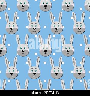 Vector flat animals colorful illustration for kids. Seamless pattern with cute hare face on blue polka dots background. Adorable cartoon character Stock Vector