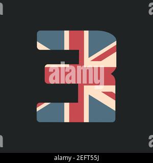 Capital number three with UK flag texture isolated on black background. Vector illustration. Element for design. Kids alphabet. Stock Vector