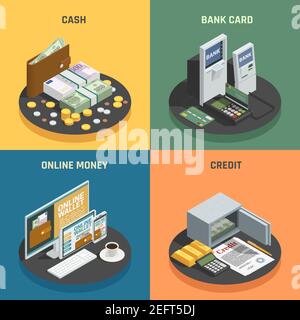 Payment methods 4 isometric icons square with cash credit bank cards and online transactions isolated vector illustration Stock Vector